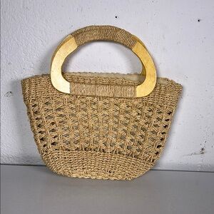 Vintage Woven Basket Bag with Wooden Handles